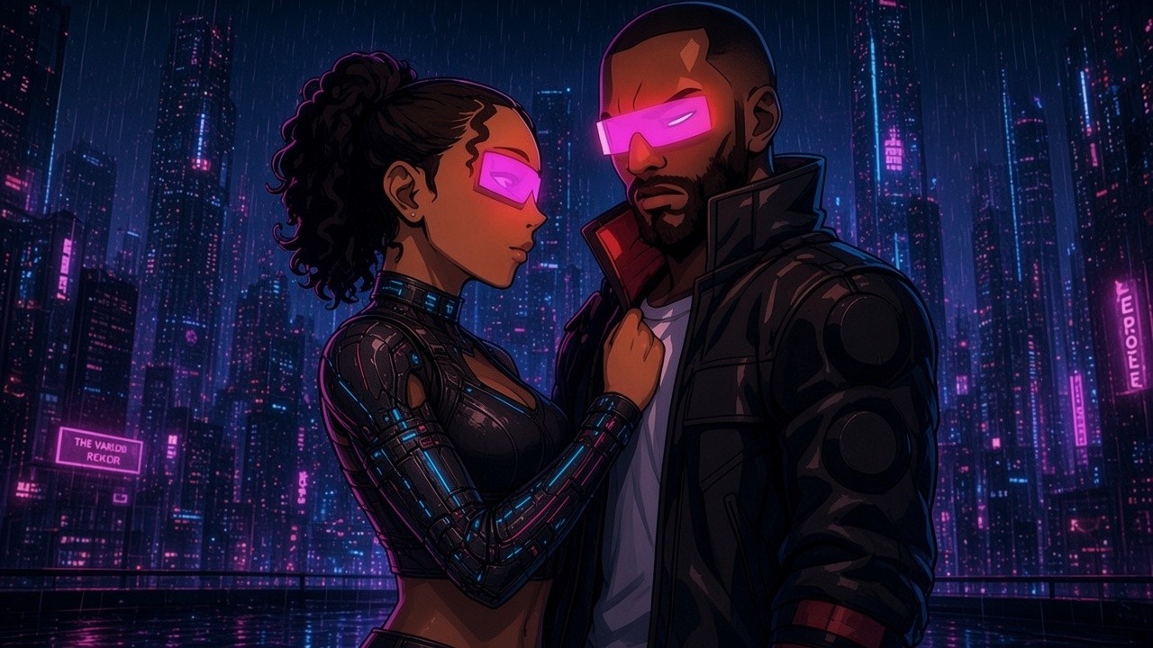Sierra and 720 in neon cyberpunk city — MY A.I.